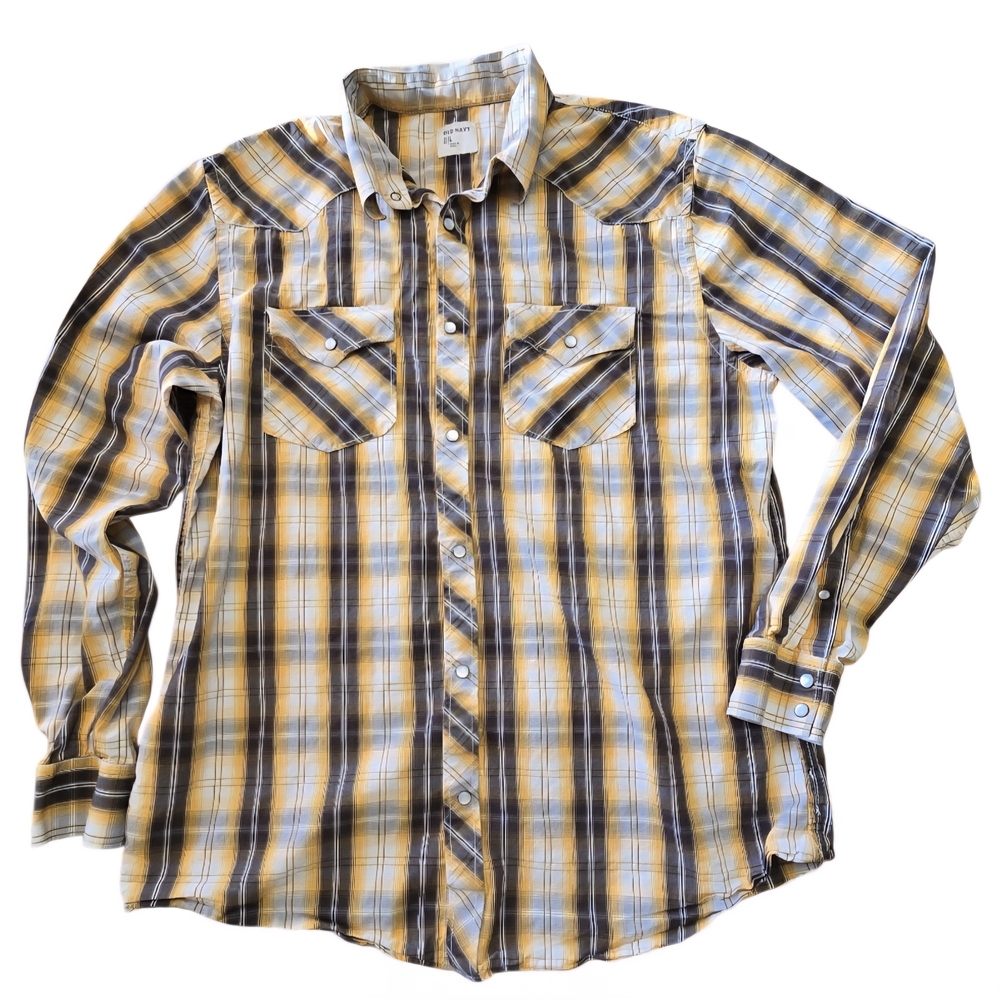 Old Navy Yellow and Brown Plaid Pearl Snap Shirt Sx L
